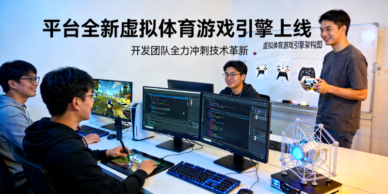平台全新虚拟体育游戏引擎上线新闻配图 - 游戏开发团队工作场景