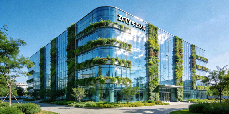 zoty中欧体育公司现代化办公大楼外观 - 玻璃幕墙与绿色植物环绕